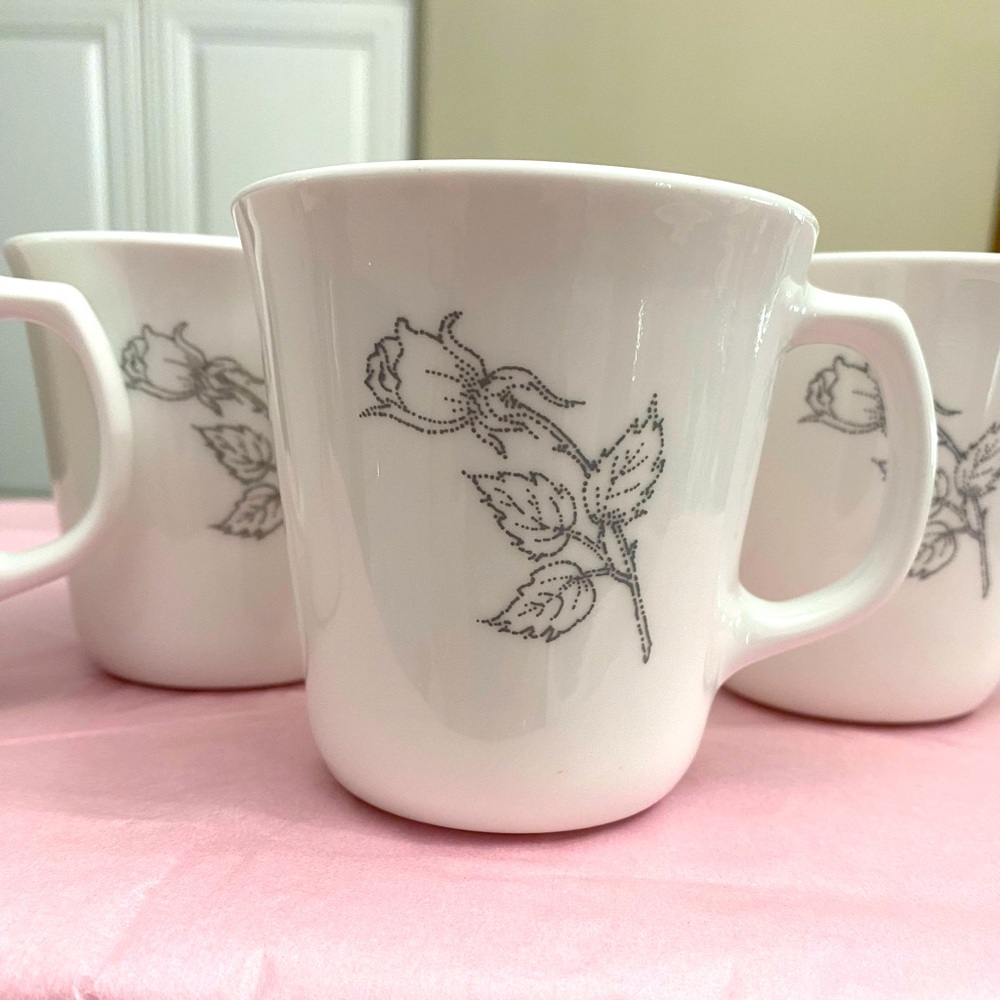 EUC 4 RARE CORNING SOLITARY GREY ROSE PATTERN MUGS